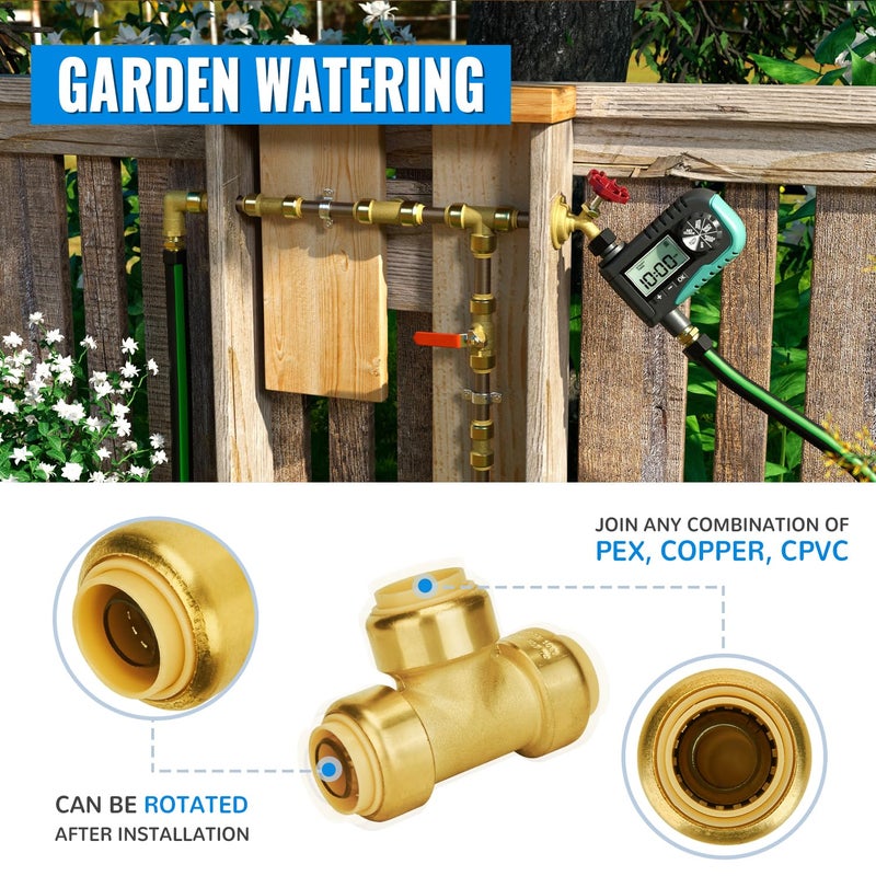 SUNGATOR 12-Pack Tee Plumbing Pipe Connector, 3/4-Inch Push Fit PEX Tee, No Lead Brass T Fittings with Disconnect Clip, Push-to-Connect, Copper, CPVC - Image 5